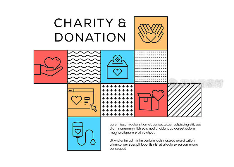 Charity and Donation Related Memphis Style Design with Line Icons. Simple Outline Icons.